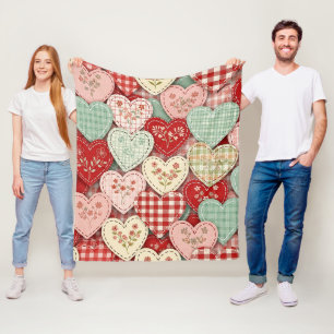 Rustic Patchwork Hearts Picnic Pattern (3) Fleece Blanket