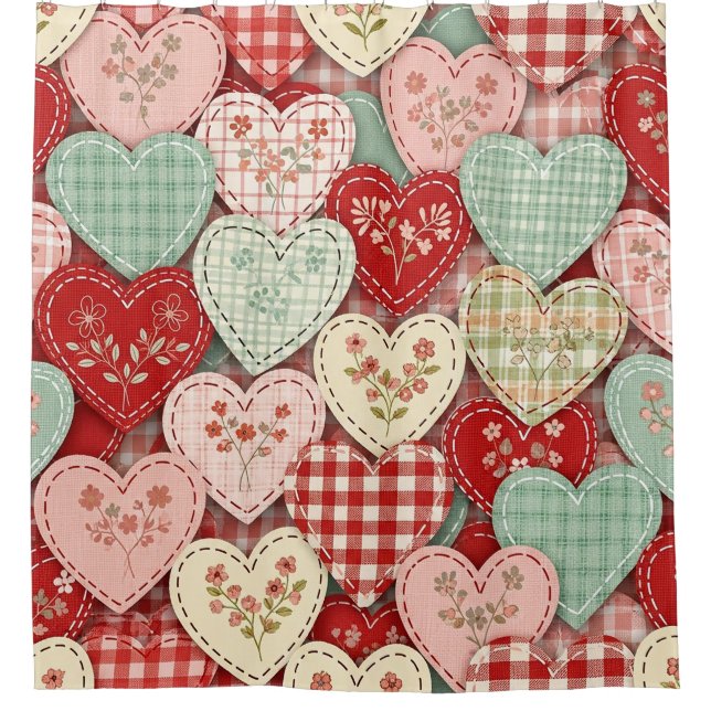 Rustic Patchwork Hearts Picnic Pattern (3) Shower Curtain (Front)