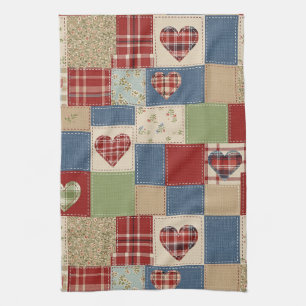 Rustic Patchwork Hearts Picnic Pattern (4) Tea Towel