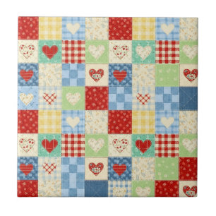 Rustic Patchwork Hearts Picnic Pattern Ceramic Tile