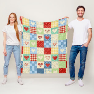 Rustic Patchwork Hearts Picnic Pattern Fleece Blanket