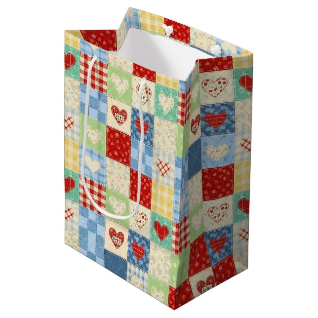 Rustic Patchwork Hearts Picnic Pattern Medium Gift Bag (Front Angled)