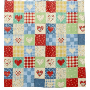 Rustic Patchwork Hearts Picnic Pattern Shower Curtain