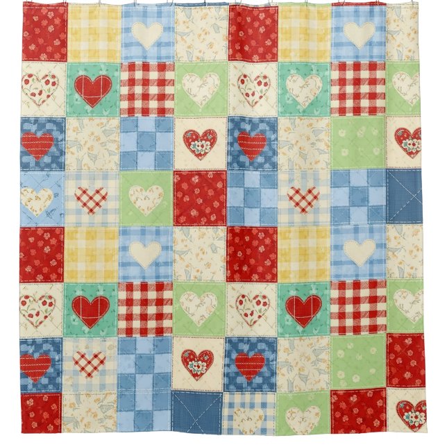 Rustic Patchwork Hearts Picnic Pattern Shower Curtain (Front)