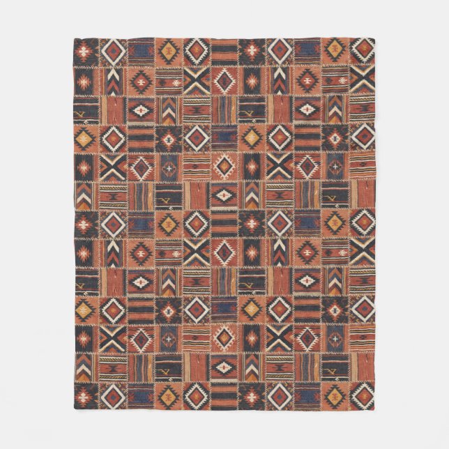 Rustic Patchwork Kilim Geometric Tapestry Fleece Blanket (Front)