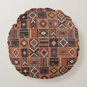 Rustic Patchwork Kilim Geometric Tapestry Round Cushion