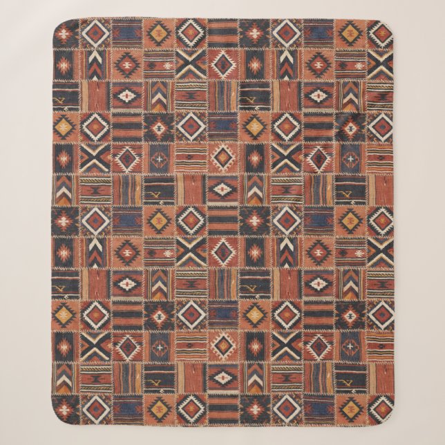 Rustic Patchwork Kilim Geometric Tapestry Sherpa Blanket (Front)