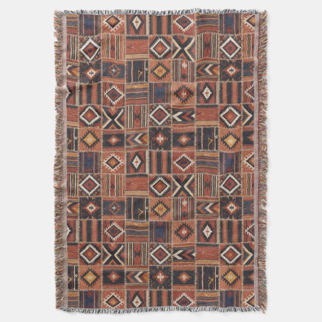 Rustic Patchwork Kilim Geometric Tapestry Throw Blanket (Front Vertical)