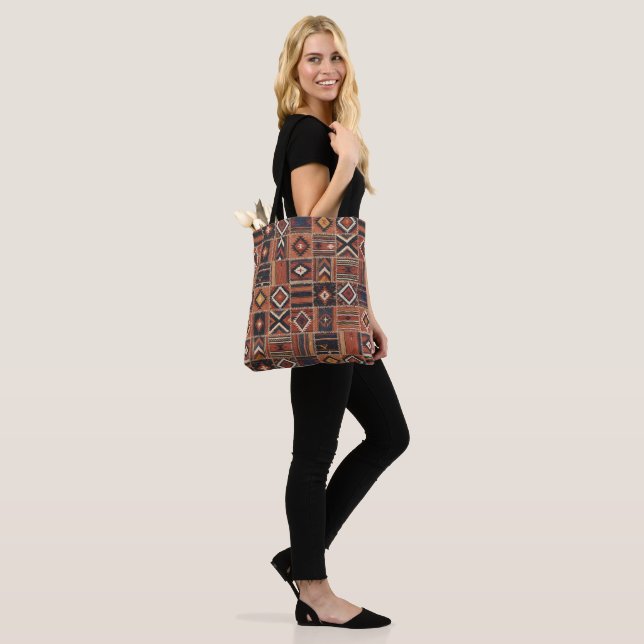 Rustic Patchwork Kilim Geometric Tapestry Tote Bag (On Model)