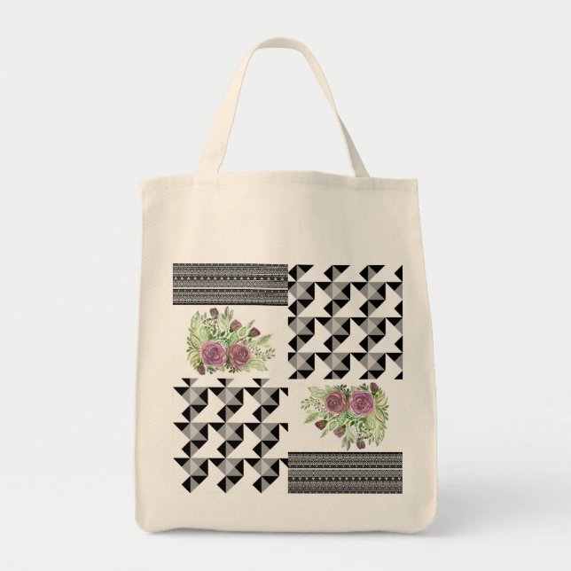 Rustic, patchwork, roses, geometric, patchwork, ap tote bag (Front)