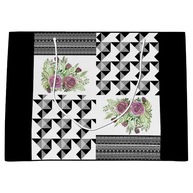 Rustic, patchwork, roses large gift bag (Front)