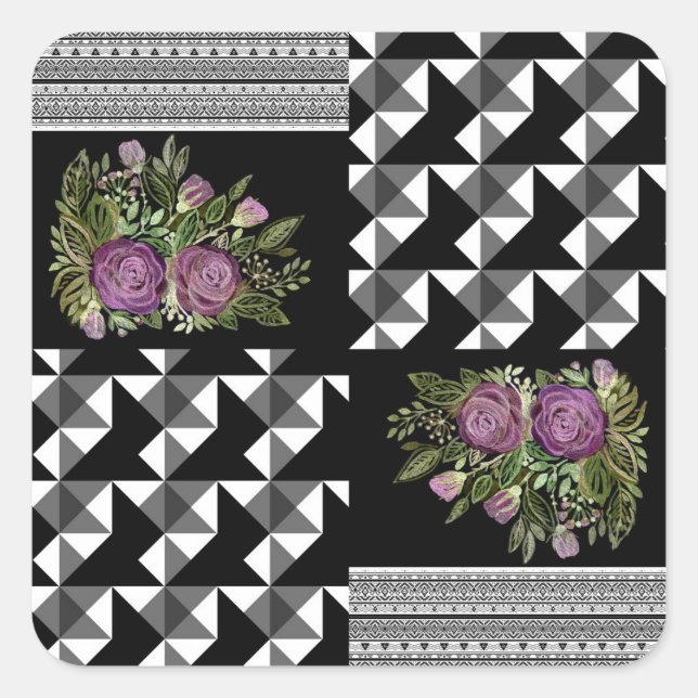 Rustic, patchwork, roses square sticker (Front)