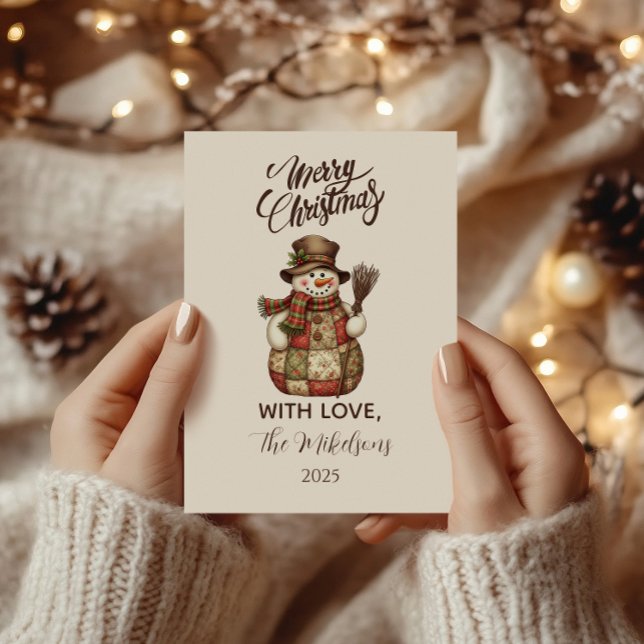 Rustic Patchwork Snowman Christmas Holiday Card (Creator Uploaded)
