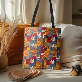 Rustic Patchwork Tote with Floral & Autumn Leaves