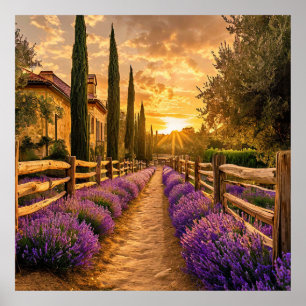 Rustic Pathway Lined with Lavender Fields Sunset Poster