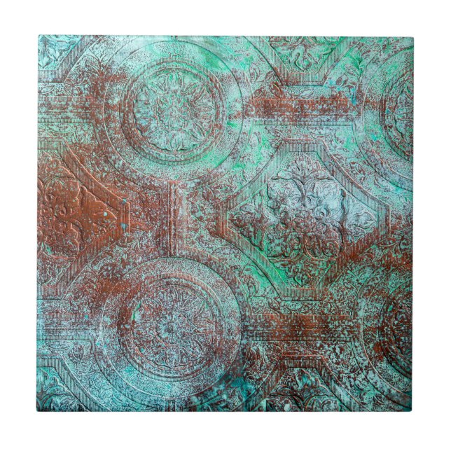 Rustic Patina Copper With Turquoise  Ceramic Tile (Front)
