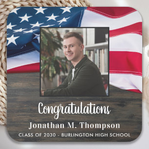 Rustic Patriotic American Flag Military Graduation Square Paper Coaster