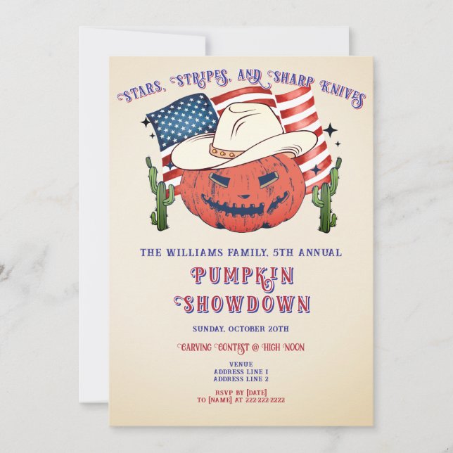 Rustic Patriotic Pumpkin Showdown Halloween Invitation (Front)