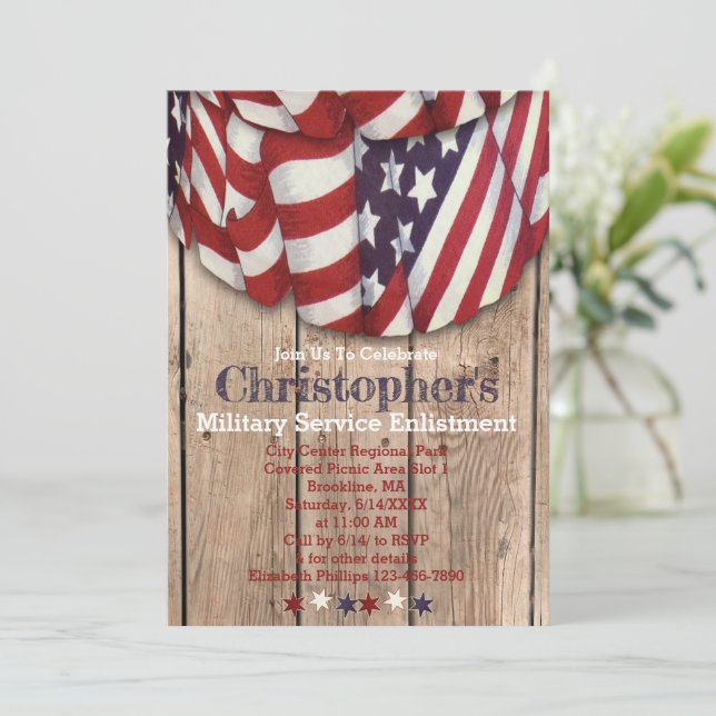 Rustic Patriotic Red White Blue Service Enlistment Invitation (Standing Front)