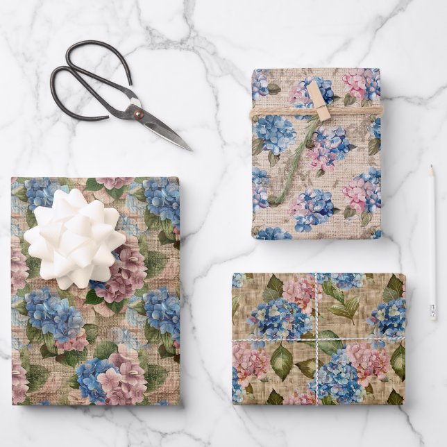 Rustic Pattern Blue Hydrangeas and Pink Flowers Wrapping Paper Sheet (Front)