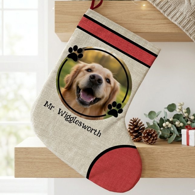Rustic Paw Print Red Burlap Photo Large Christmas Stocking (Holiday dog lover Christmas stocking)