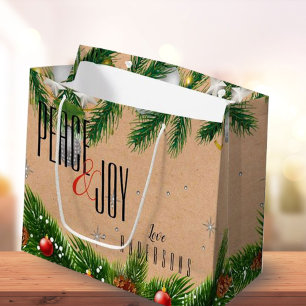 Rustic Peace & Joy Red Berries Name Christmas Large Gift Bag
