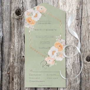 Rustic Peach Blush & White Floral Sage Dinner All In One Invitation