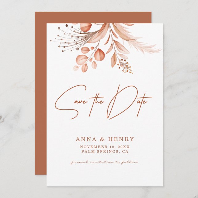 Rustic Peach Brown Watercolor Leaves Wedding  Invitation (Front/Back)