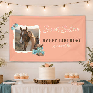 Rustic Peach Cowgirl Photo Sweet Sixteen Birthday Banner