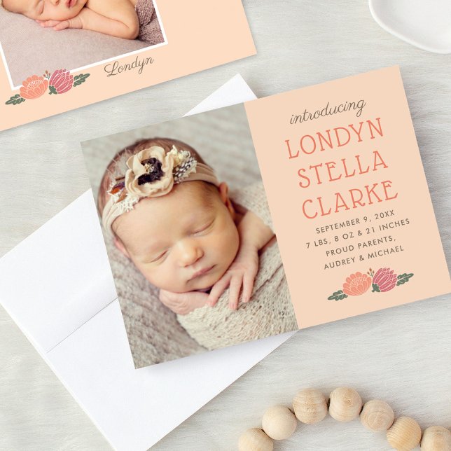 Rustic Peach Fall Floral Baby Girl Photo Birth Announcement (Creator Uploaded)