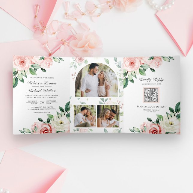 Rustic Peach Floral All in One QR Code Wedding Tri-Fold Invitation (Creator Uploaded)
