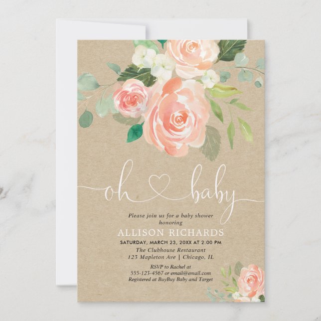 Rustic peach floral kraft girl baby shower invitation (Front)