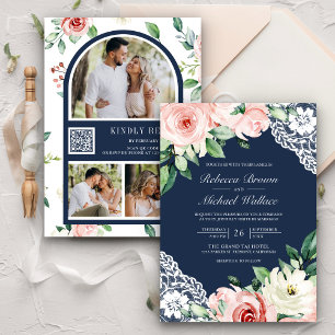 Rustic Peach Floral Lace Navy Blue QR Code Wedding Invitation