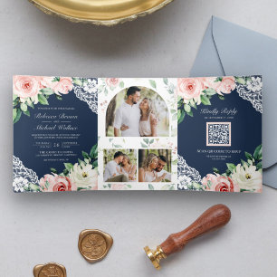 Rustic Peach Floral Lace Navy Blue QR Code Wedding Tri-Fold Invitation