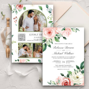 Rustic Peach Floral Photo Collage QR Code Wedding Invitation