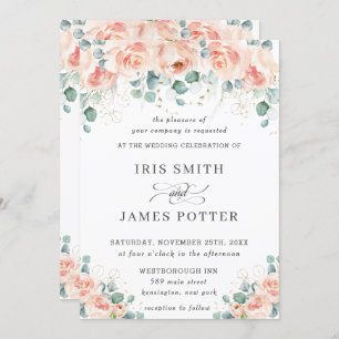 Rustic Peach Floral Roses Greenery Wedding Invitation