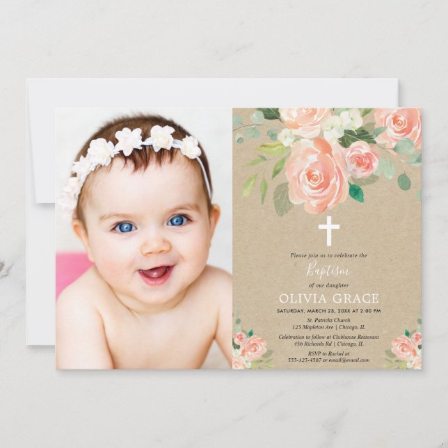 Rustic peach floral watercolors baptism girl photo invitation (Front)