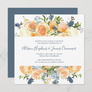 Rustic Peach Peony Floral Bouquet SQ Wedding Invitation