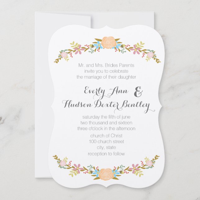 Rustic Peach Pink Aqua Die Cut Garland Wedding Invitation (Front)
