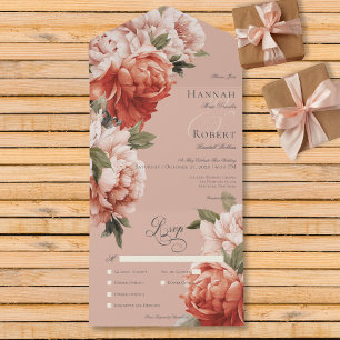 Rustic Peach & Rust Peonies on Peach Dinner All In One Invitation