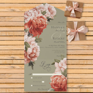Rustic Peach & Rust Peonies on Sage No Dinner All In One Invitation