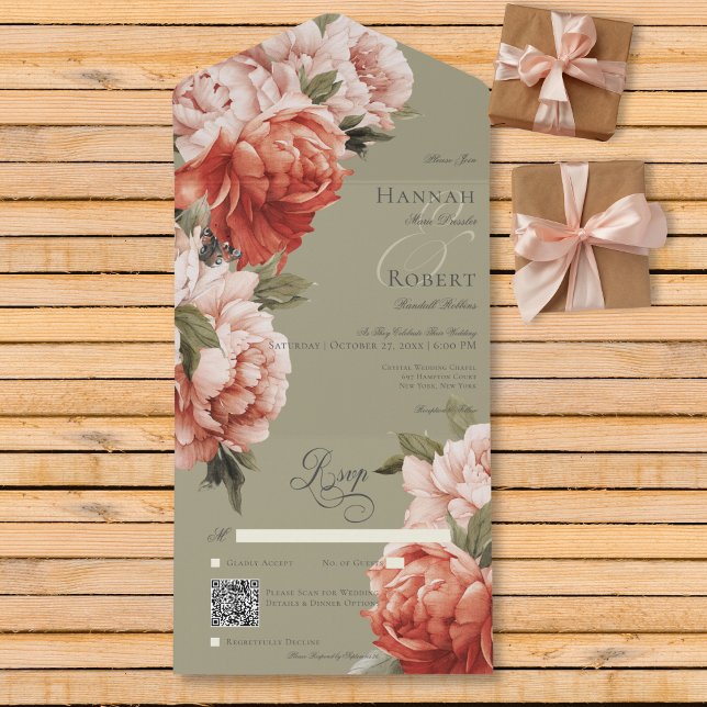 Rustic Peach & Rust Peonies on Sage QR Code All In One Invitation (Creator Uploaded)