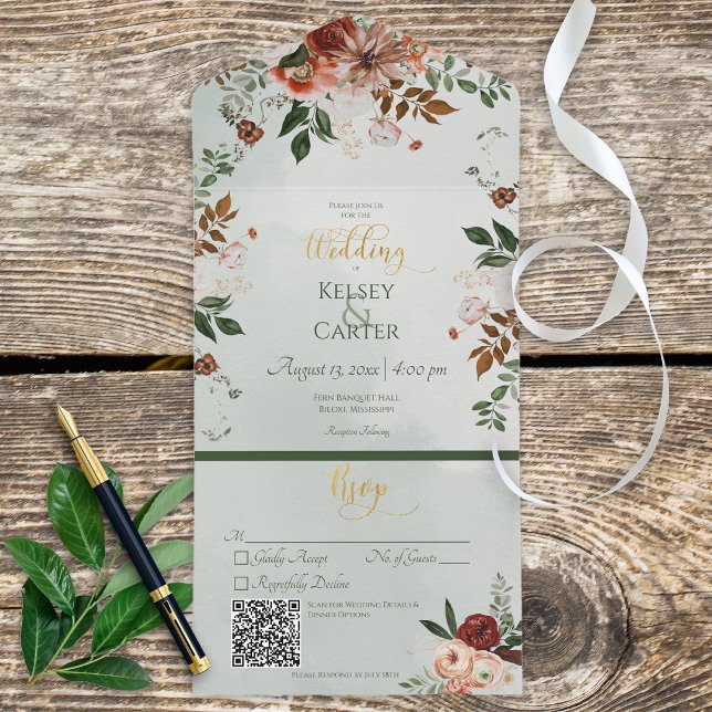 Rustic Peach Rust & Sage Green Floral QR Code All In One Invitation (Creator Uploaded)