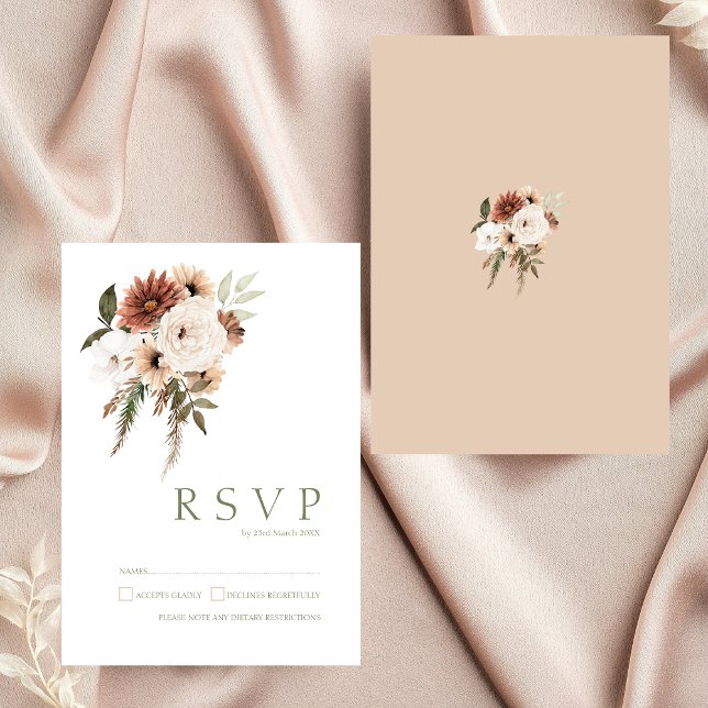 Rustic Peach Terracotta Greenery Floral Wedding RSVP Card (Elegant Peach Olive Green Floral Wedding RSVP Card)