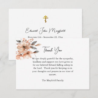 Rustic Peach Watercolor Flowers Orthodox Funeral Thank You Card