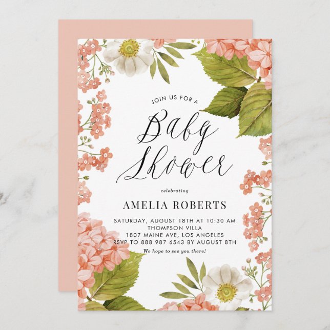 Rustic Peach Watercolor Hydrangeas Baby Shower Invitation (Front/Back)