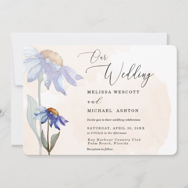 Rustic Peach Watercolor Purple Daisy Wedding Invitation (Front)