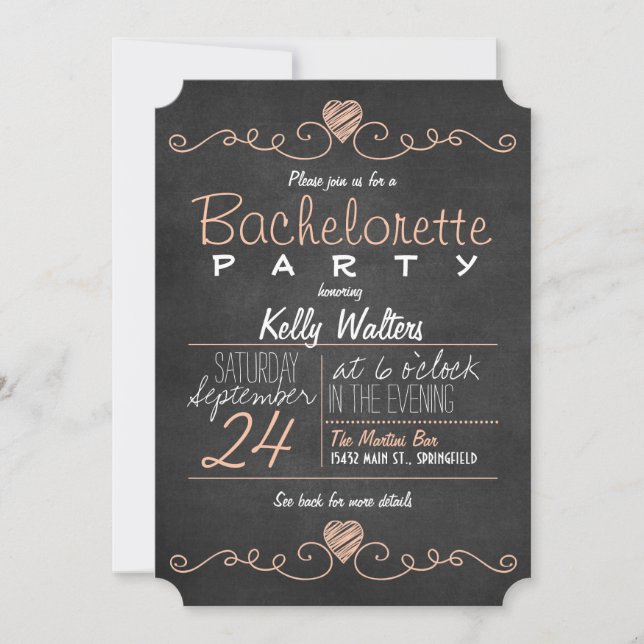 Rustic Peach & White Chalkboard Bachelorette Party Invitation (Front)