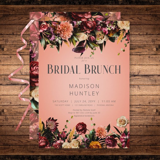 Rustic Peach Wine & Purple Floral Bridal Brunch Invitation (Rustic Peach Wine & Purple Floral Bridal Brunch Invitation)