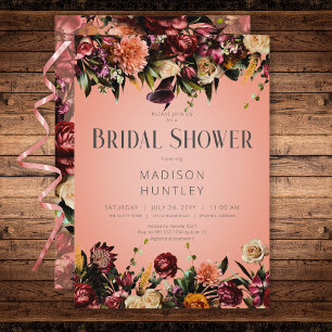 Rustic Peach Wine & Purple Floral Bridal Shower Invitation